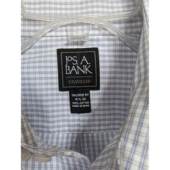 Jos A Bank Traveler Dress Shirt 15 1/2 - 34 White Plaid Long Sleeve Mens - Picture 2 of 4